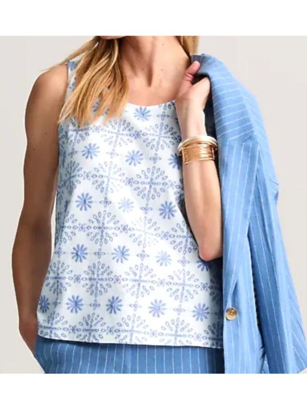 J. Jill Petite Women's Sz XLP Blue Floral Sleeveless Embroidered Knit Tank Top